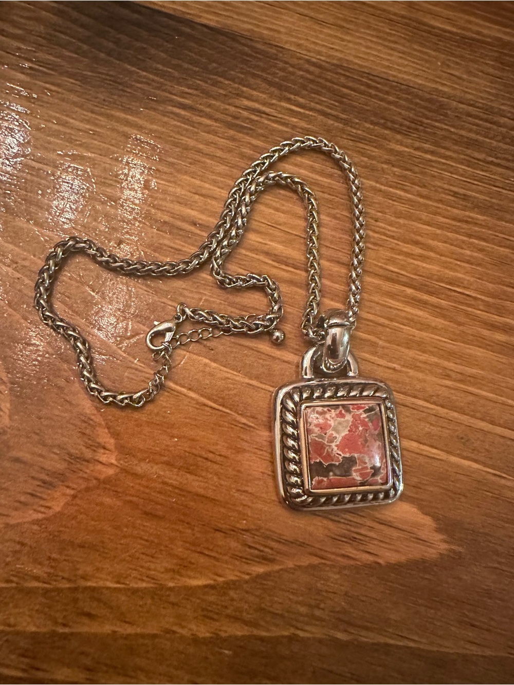 Source Unknown Silver-Tone Necklace with Red Jasper Square Pendant